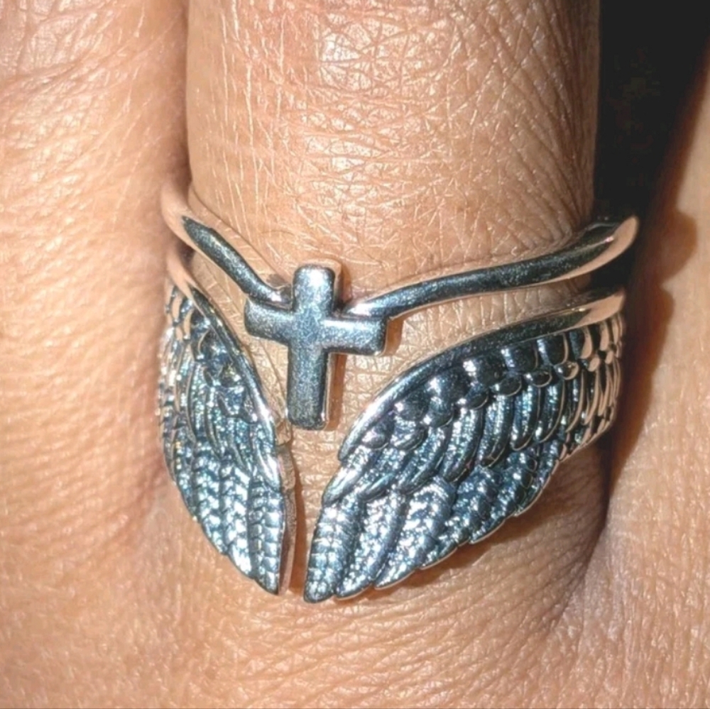 High Quality Women's Adjustable ANGEL WING CROSS STERLING 925 SILVER Open RING